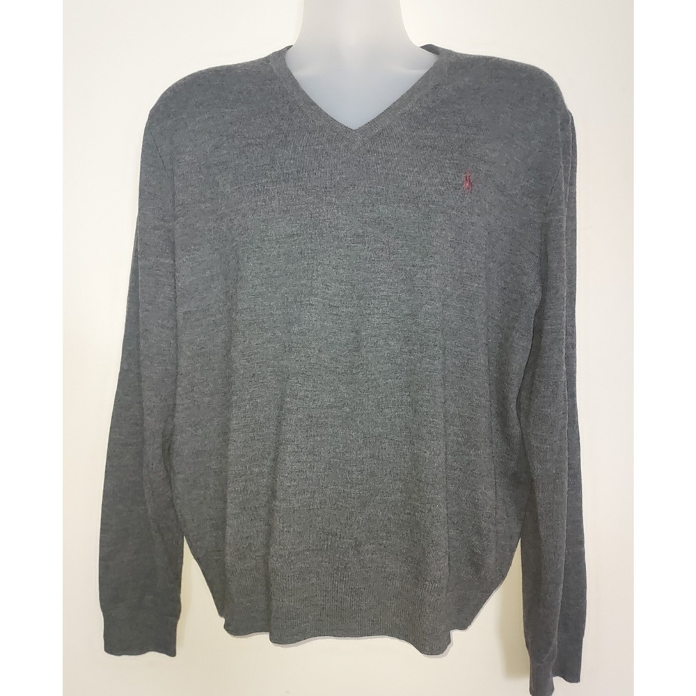 Polo Ralph Lauren Men's Sweater Large Merino Wool V-neck Long Sleeve Gray